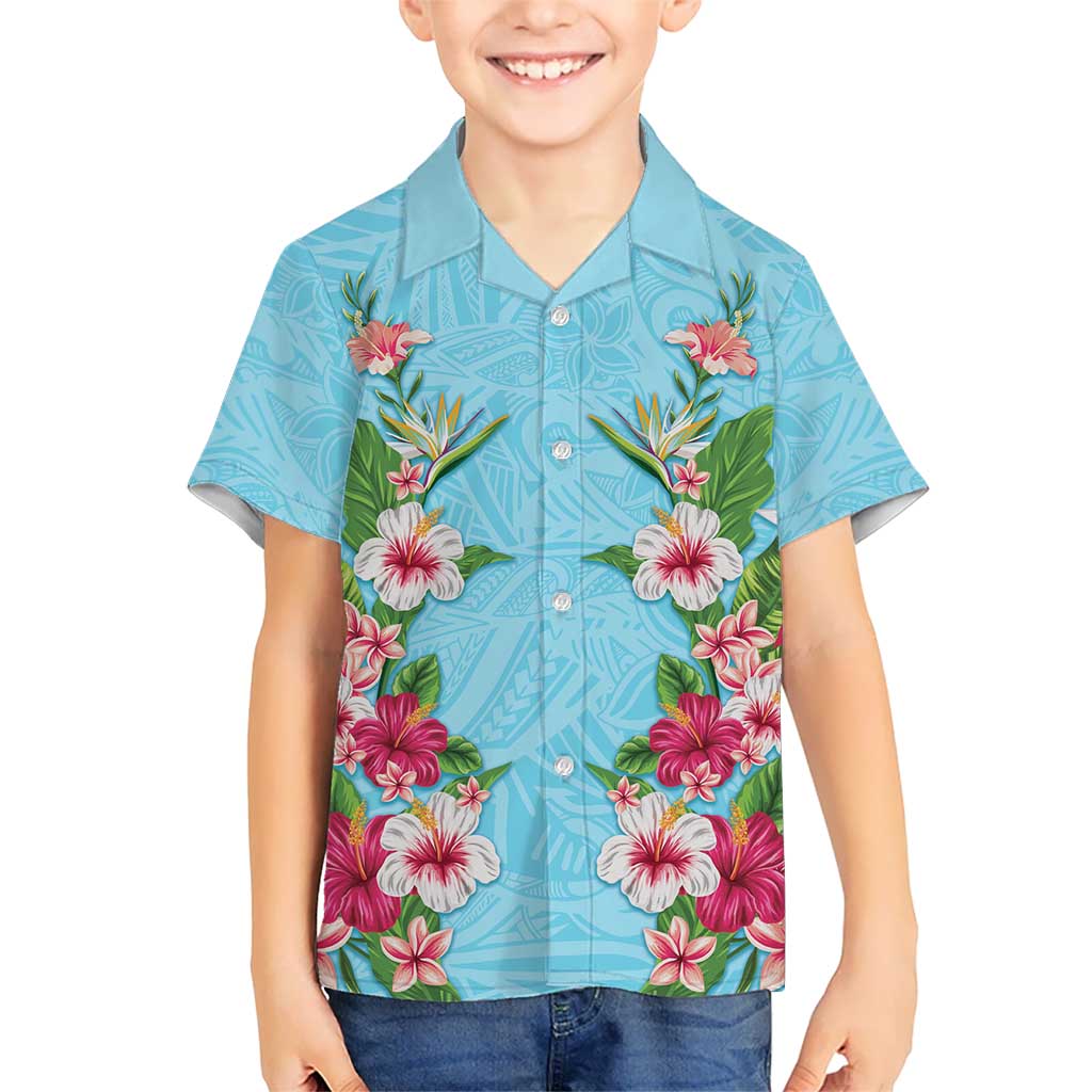 Hawaii Tropical Flowers Family Matching Off Shoulder Short Dress and Hawaiian Shirt Sky Blue Polynesian Tattoo Art