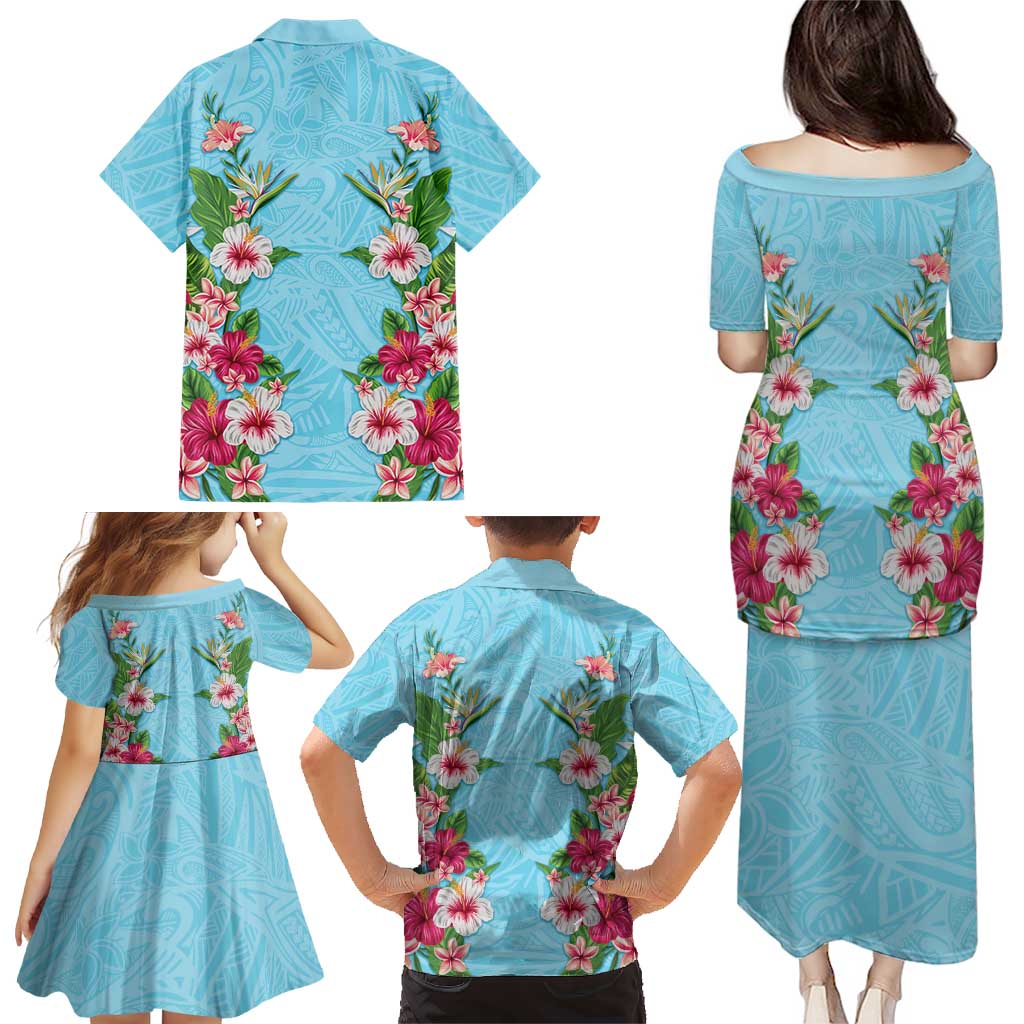 Hawaii Tropical Flowers Family Matching Puletasi and Hawaiian Shirt Sky Blue Polynesian Tattoo Art