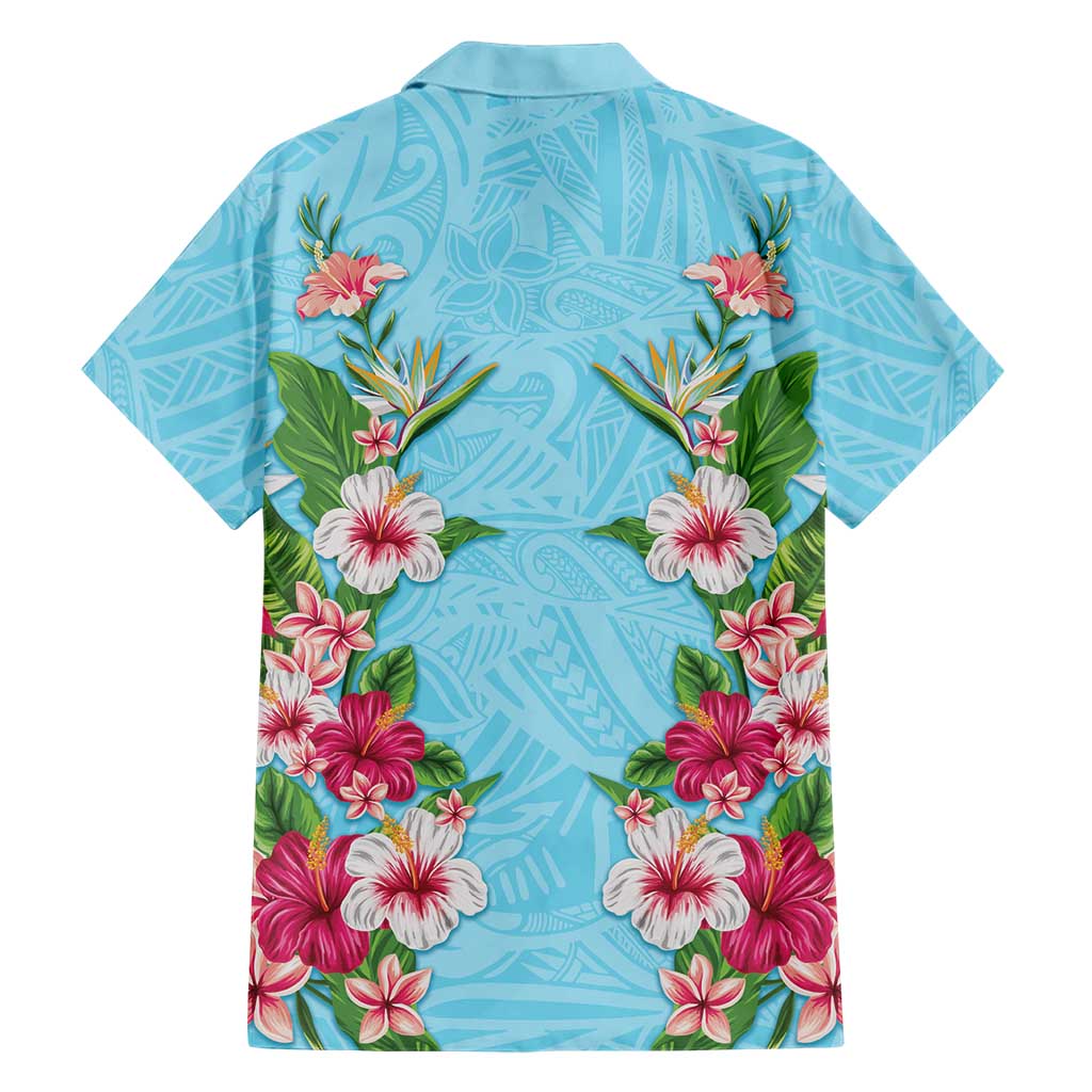 Hawaii Tropical Flowers Family Matching Puletasi and Hawaiian Shirt Sky Blue Polynesian Tattoo Art
