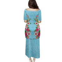 Hawaii Tropical Flowers Family Matching Puletasi and Hawaiian Shirt Sky Blue Polynesian Tattoo Art