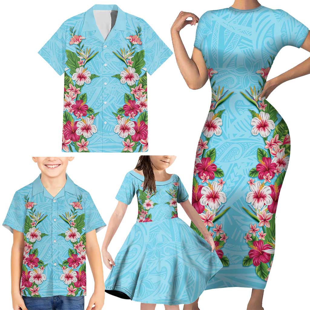 Hawaii Tropical Flowers Family Matching Short Sleeve Bodycon Dress and Hawaiian Shirt Sky Blue Polynesian Tattoo Art