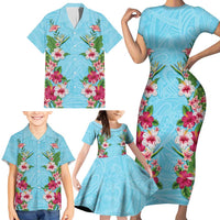 Hawaii Tropical Flowers Family Matching Short Sleeve Bodycon Dress and Hawaiian Shirt Sky Blue Polynesian Tattoo Art