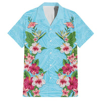 Hawaii Tropical Flowers Family Matching Short Sleeve Bodycon Dress and Hawaiian Shirt Sky Blue Polynesian Tattoo Art