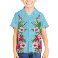 Hawaii Tropical Flowers Family Matching Short Sleeve Bodycon Dress and Hawaiian Shirt Sky Blue Polynesian Tattoo Art