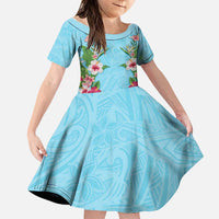 Hawaii Tropical Flowers Family Matching Tank Maxi Dress and Hawaiian Shirt Sky Blue Polynesian Tattoo Art