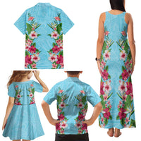 Hawaii Tropical Flowers Family Matching Tank Maxi Dress and Hawaiian Shirt Sky Blue Polynesian Tattoo Art