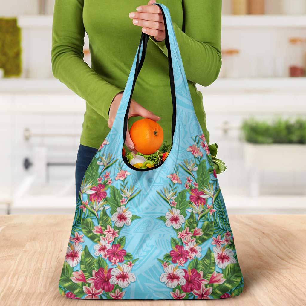 Hawaii Tropical Flowers Grocery Bag Sky Blue Polynesian Tattoo Art