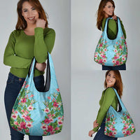 Hawaii Tropical Flowers Grocery Bag Sky Blue Polynesian Tattoo Art