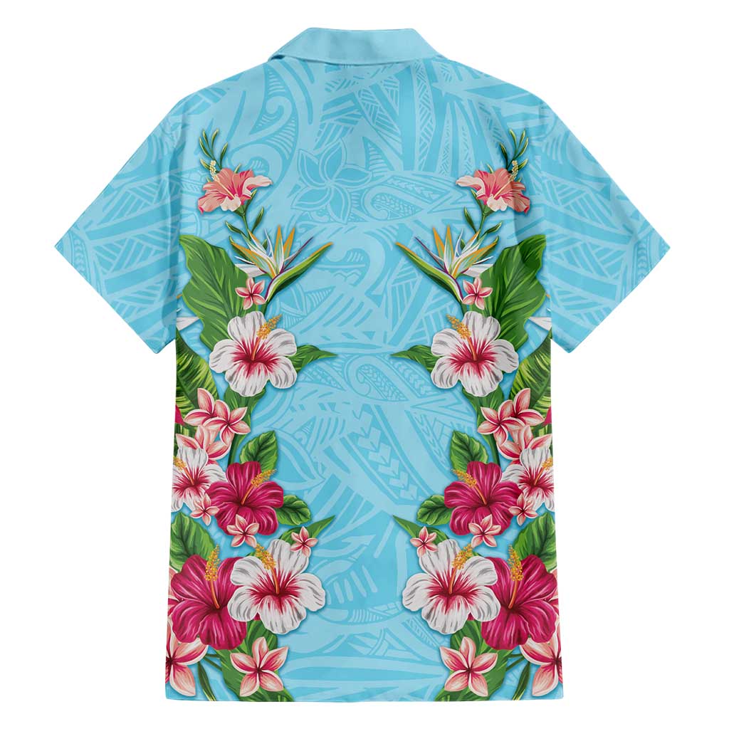 Hawaii Tropical Flowers Hawaiian Shirt Sky Blue Polynesian Tattoo Art