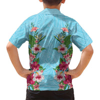 Hawaii Tropical Flowers Hawaiian Shirt Sky Blue Polynesian Tattoo Art