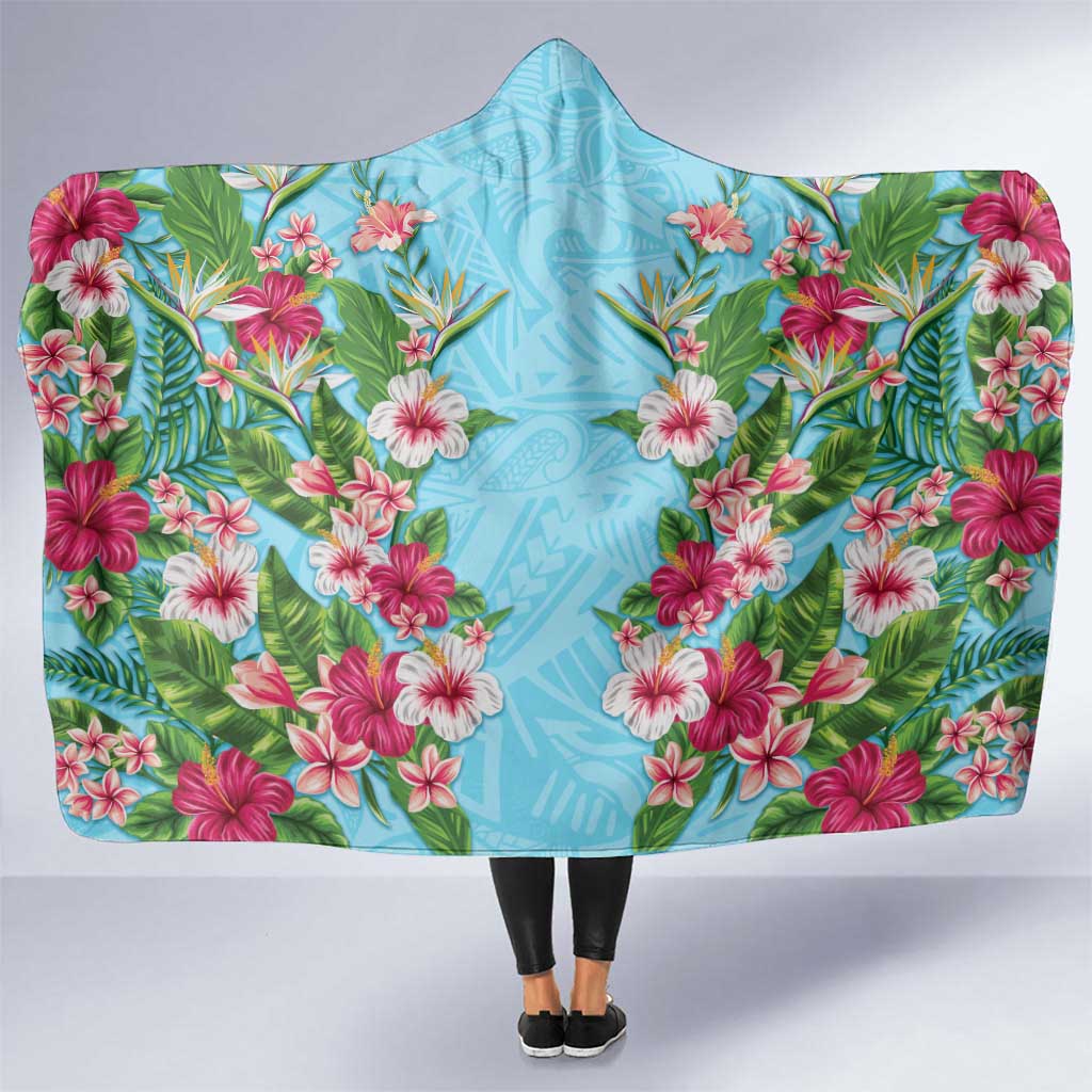 Hawaii Tropical Flowers Hooded Blanket Sky Blue Polynesian Tattoo Art LT05 One Size Blue - Polynesian Pride