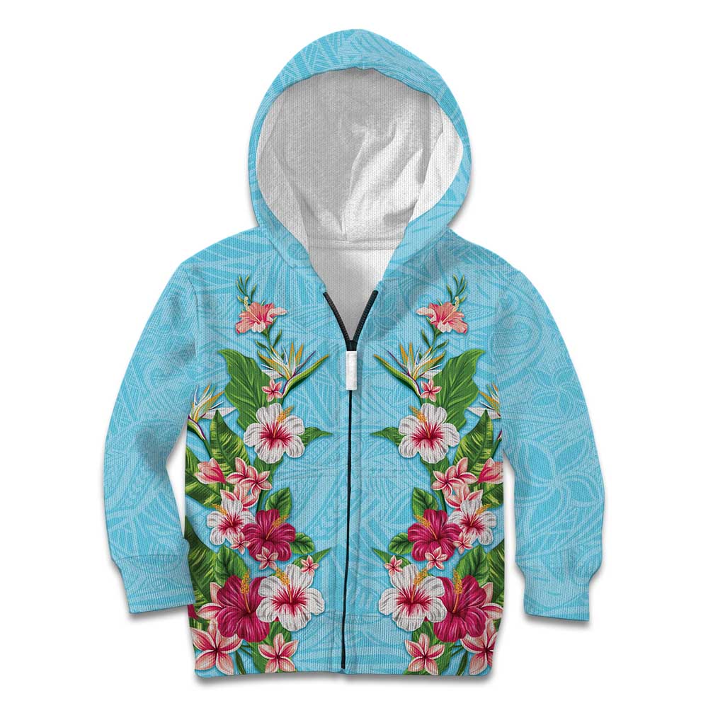 Hawaii Tropical Flowers Kid Hoodie Sky Blue Polynesian Tattoo Art LT05 Zip Hoodie Blue - Polynesian Pride
