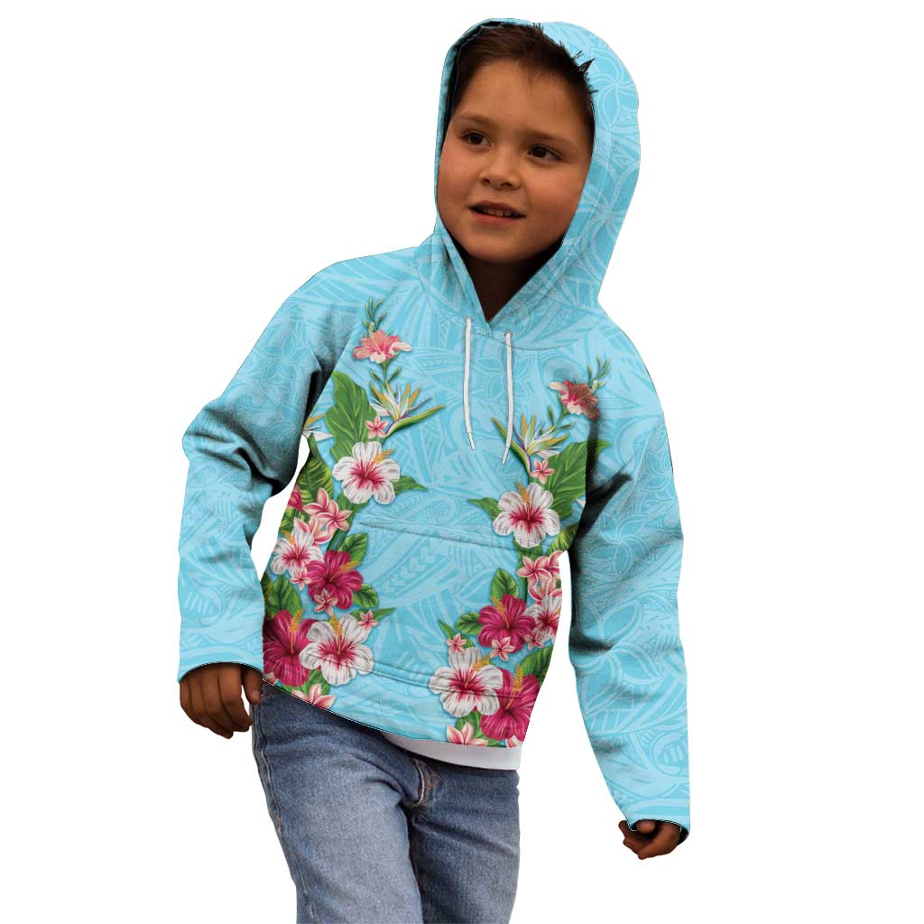 Hawaii Tropical Flowers Kid Hoodie Sky Blue Polynesian Tattoo Art LT05 - Polynesian Pride