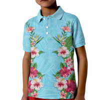 Hawaii Tropical Flowers Kid Polo Shirt Sky Blue Polynesian Tattoo Art