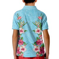 Hawaii Tropical Flowers Kid Polo Shirt Sky Blue Polynesian Tattoo Art
