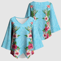 Hawaii Tropical Flowers Kimono Sleeve Blouse Sky Blue Polynesian Tattoo Art