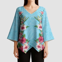 Hawaii Tropical Flowers Kimono Sleeve Blouse Sky Blue Polynesian Tattoo Art