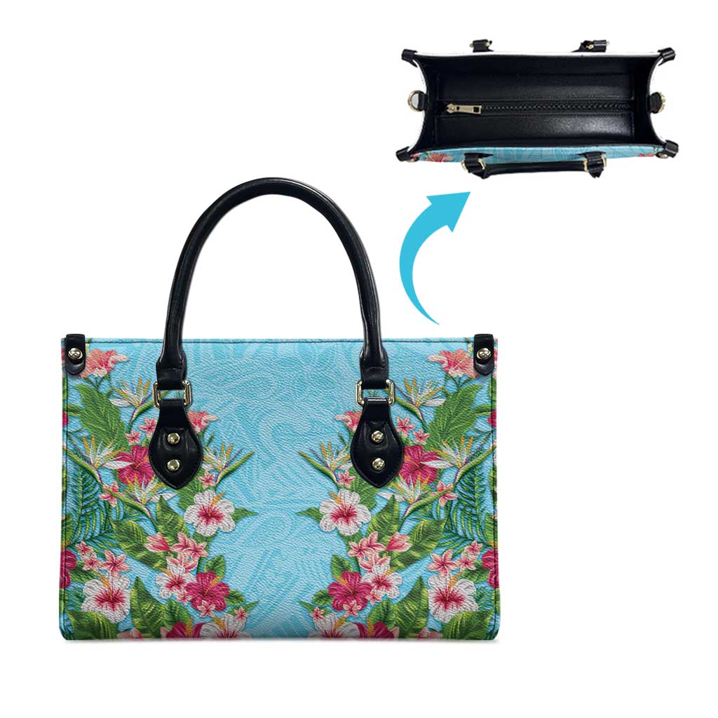 Hawaii Tropical Flowers Leather Bag Sky Blue Polynesian Tattoo Art
