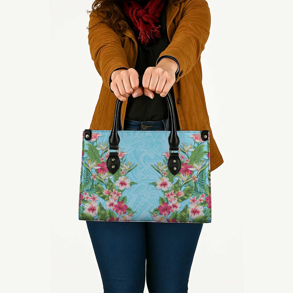 Hawaii Tropical Flowers Leather Bag Sky Blue Polynesian Tattoo Art