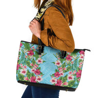 Hawaii Tropical Flowers Leather Tote Bag Sky Blue Polynesian Tattoo Art LT05 Blue - Polynesian Pride