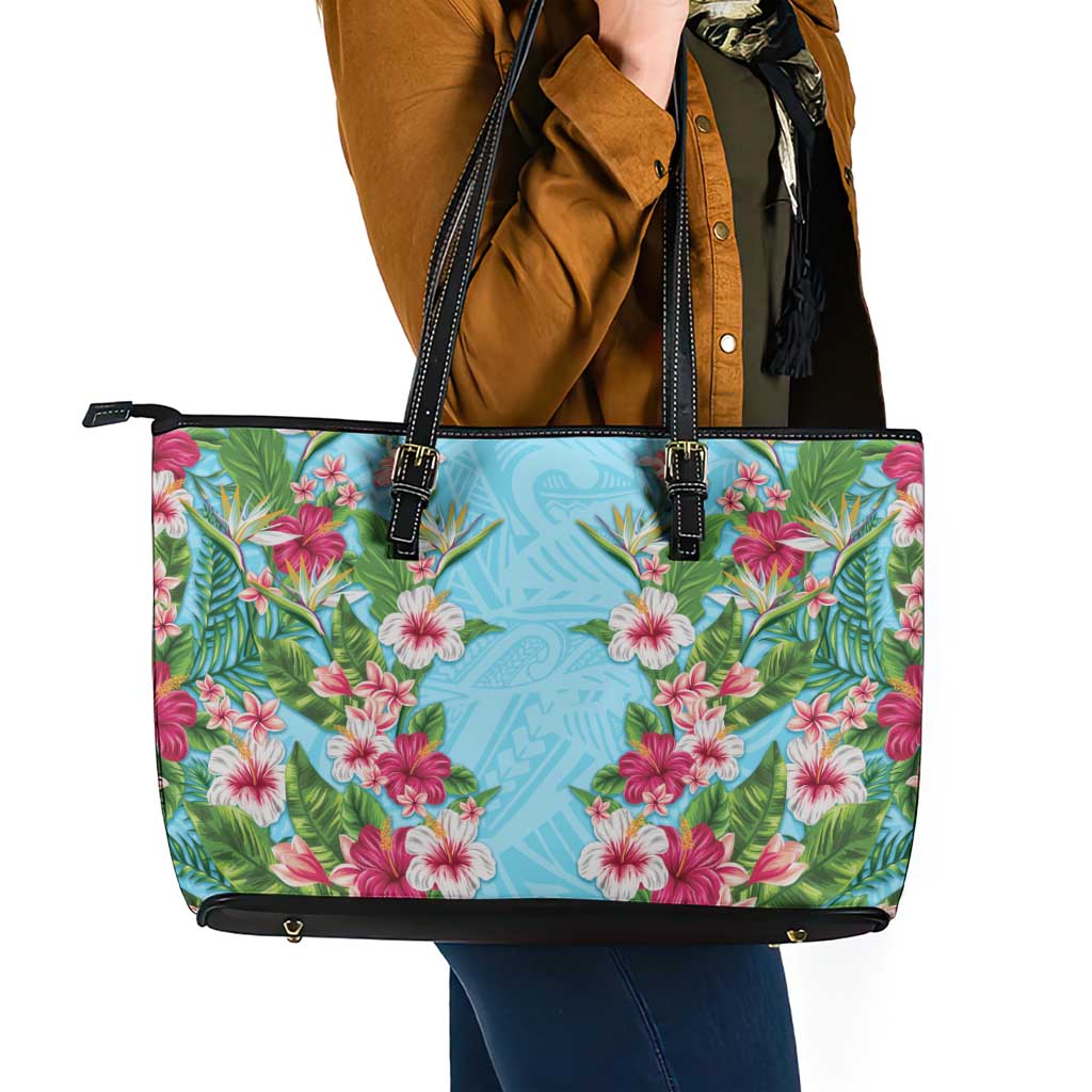 Hawaii Tropical Flowers Leather Tote Bag Sky Blue Polynesian Tattoo Art LT05 - Polynesian Pride