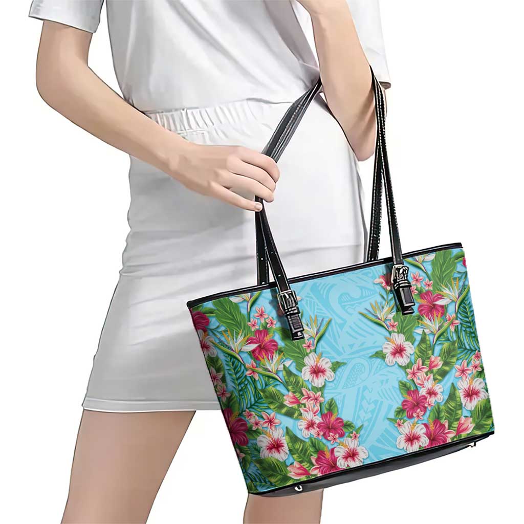 Hawaii Tropical Flowers Leather Tote Bag Sky Blue Polynesian Tattoo Art LT05 - Polynesian Pride