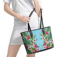 Hawaii Tropical Flowers Leather Tote Bag Sky Blue Polynesian Tattoo Art LT05 - Polynesian Pride