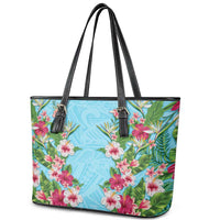 Hawaii Tropical Flowers Leather Tote Bag Sky Blue Polynesian Tattoo Art LT05 - Polynesian Pride