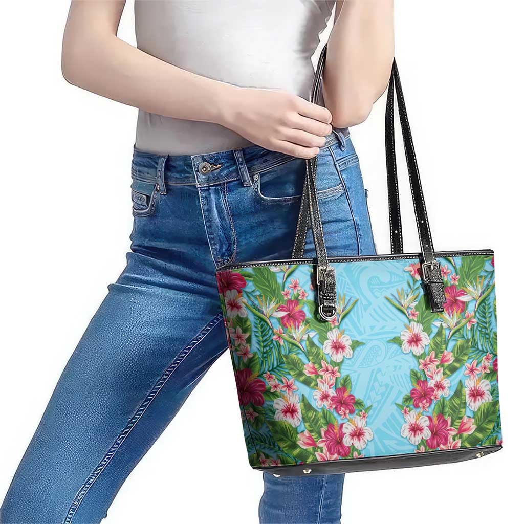 Hawaii Tropical Flowers Leather Tote Bag Sky Blue Polynesian Tattoo Art LT05 - Polynesian Pride