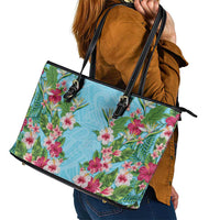 Hawaii Tropical Flowers Leather Tote Bag Sky Blue Polynesian Tattoo Art LT05 - Polynesian Pride