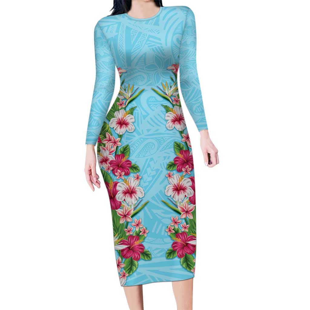 Hawaii Tropical Flowers Long Sleeve Bodycon Dress Sky Blue Polynesian Tattoo Art