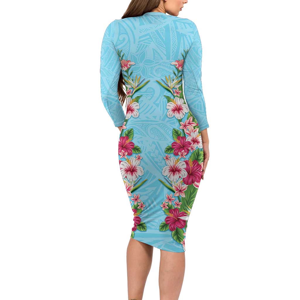Hawaii Tropical Flowers Long Sleeve Bodycon Dress Sky Blue Polynesian Tattoo Art
