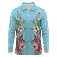 Hawaii Tropical Flowers Long Sleeve Polo Shirt Sky Blue Polynesian Tattoo Art