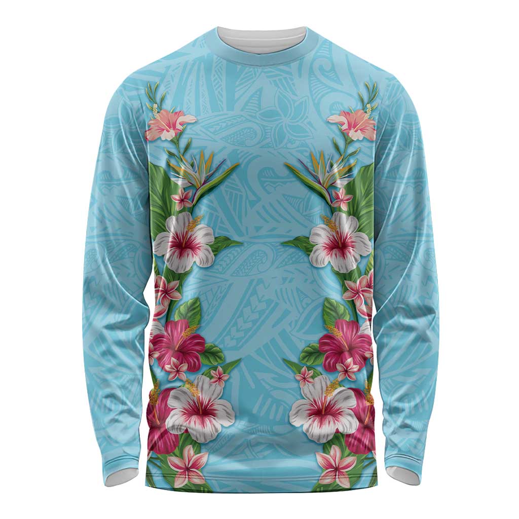 Hawaii Tropical Flowers Long Sleeve Shirt Sky Blue Polynesian Tattoo Art