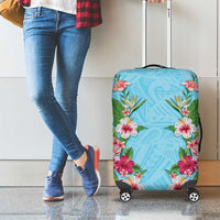 Hawaii Tropical Flowers Luggage Cover Sky Blue Polynesian Tattoo Art
