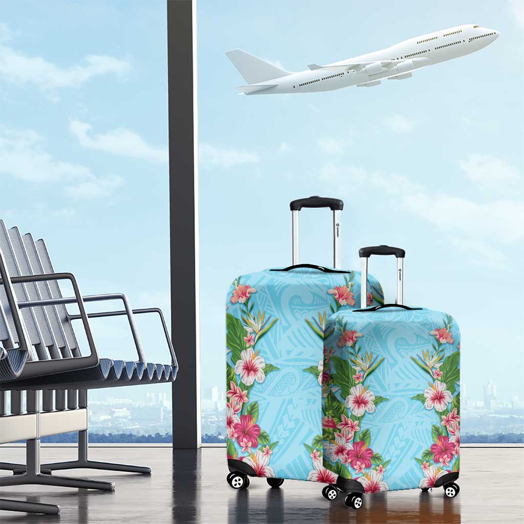 Hawaii Tropical Flowers Luggage Cover Sky Blue Polynesian Tattoo Art