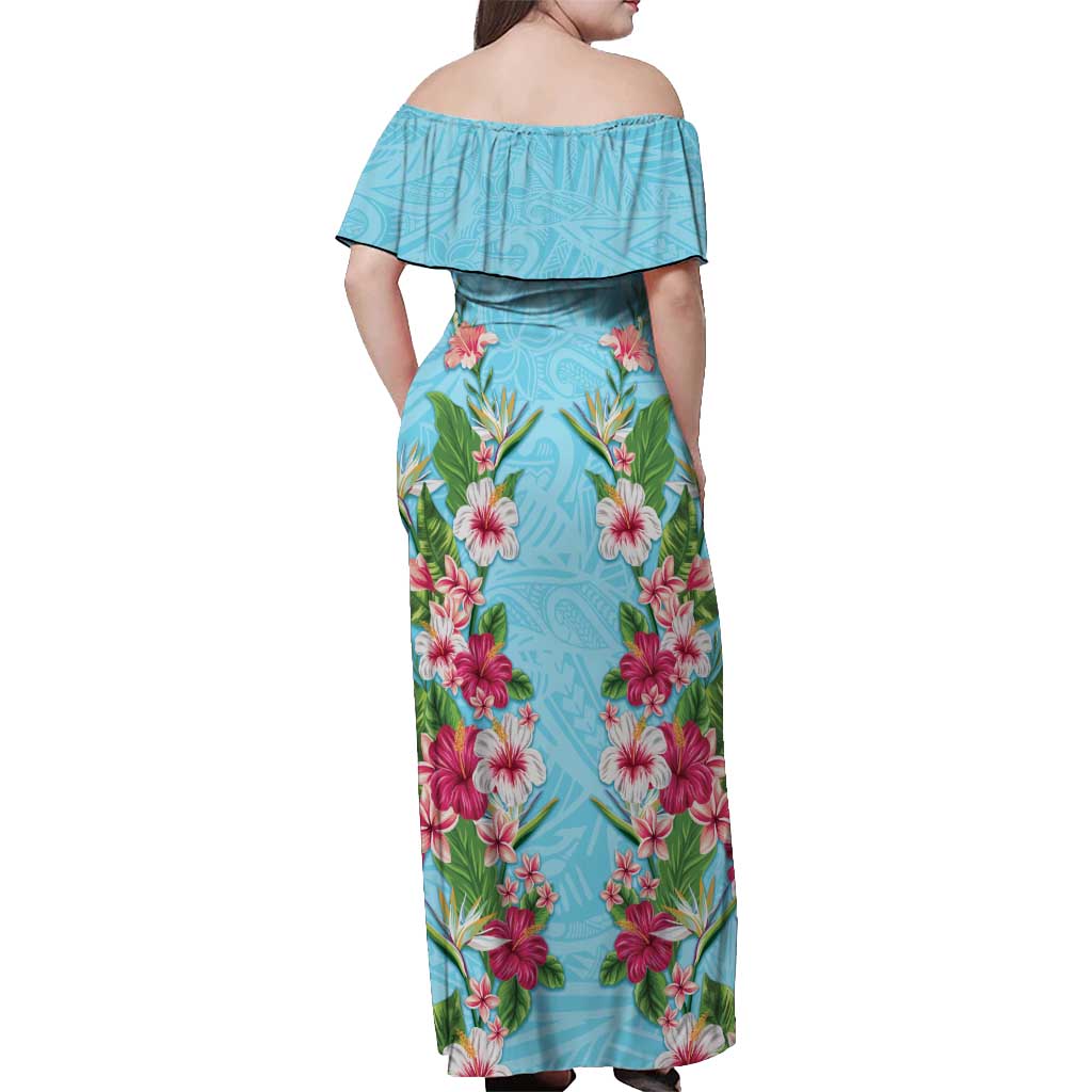 Hawaii Tropical Flowers Off Shoulder Maxi Dress Sky Blue Polynesian Tattoo Art