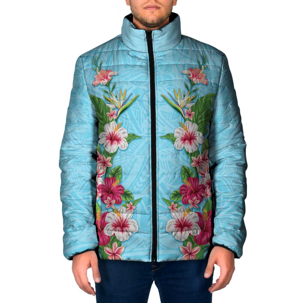Hawaii Tropical Flowers Padded Jacket Sky Blue Polynesian Tattoo Art