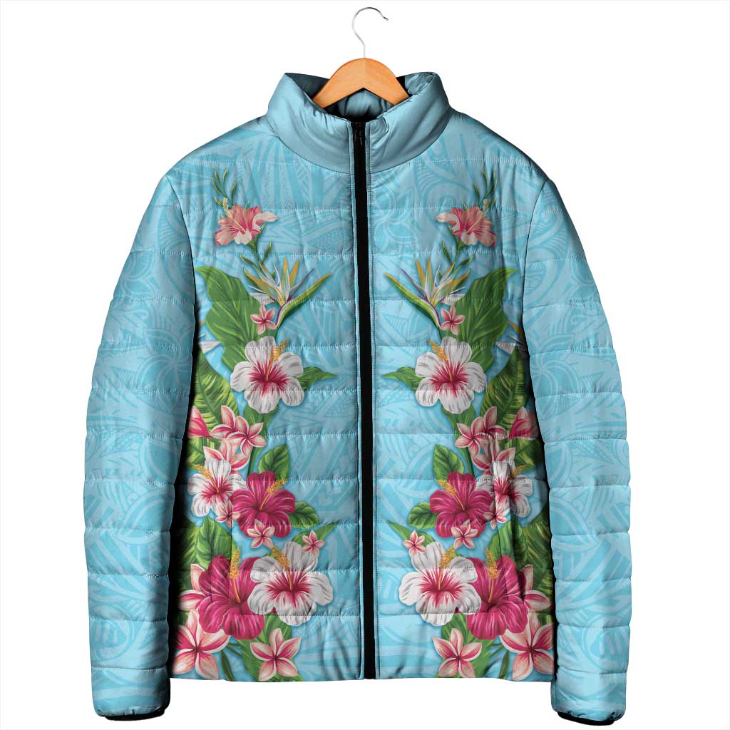Hawaii Tropical Flowers Padded Jacket Sky Blue Polynesian Tattoo Art