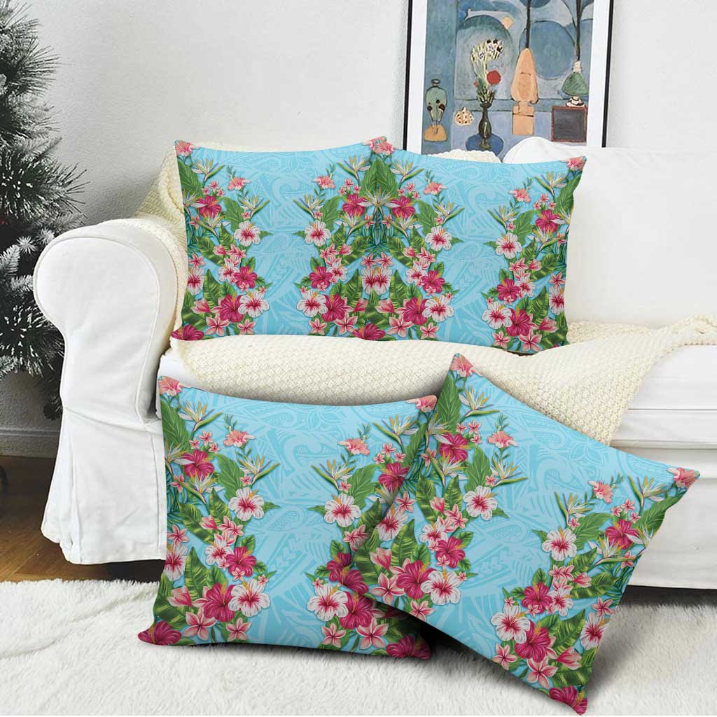 Hawaii Tropical Flowers Pillow Cover Sky Blue Polynesian Tattoo Art