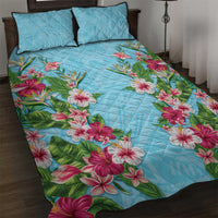 Hawaii Tropical Flowers Quilt Bed Set Sky Blue Polynesian Tattoo Art