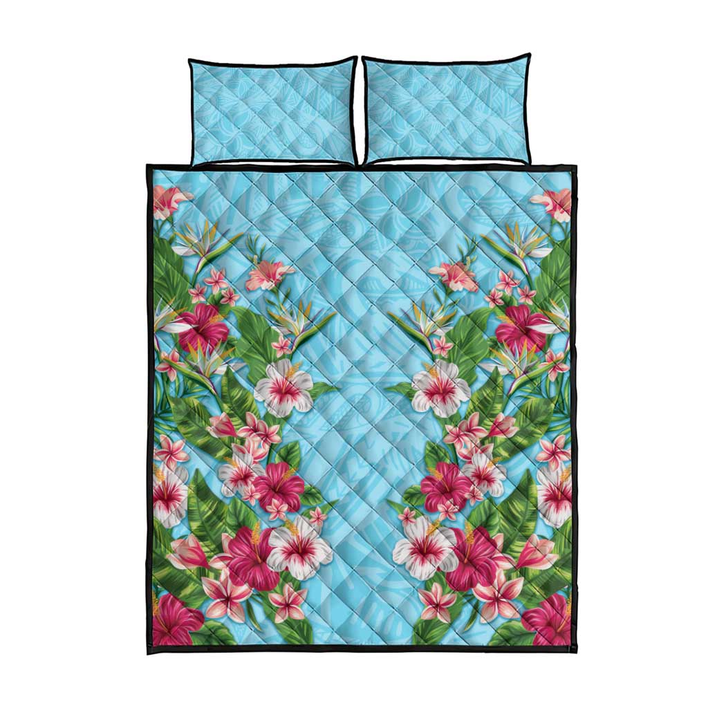 Hawaii Tropical Flowers Quilt Bed Set Sky Blue Polynesian Tattoo Art