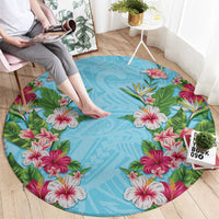 Hawaii Tropical Flowers Round Carpet Sky Blue Polynesian Tattoo Art