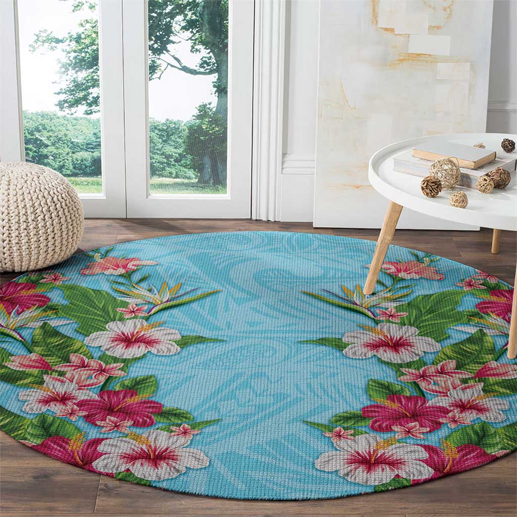 Hawaii Tropical Flowers Round Carpet Sky Blue Polynesian Tattoo Art