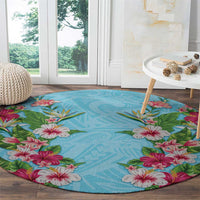 Hawaii Tropical Flowers Round Carpet Sky Blue Polynesian Tattoo Art