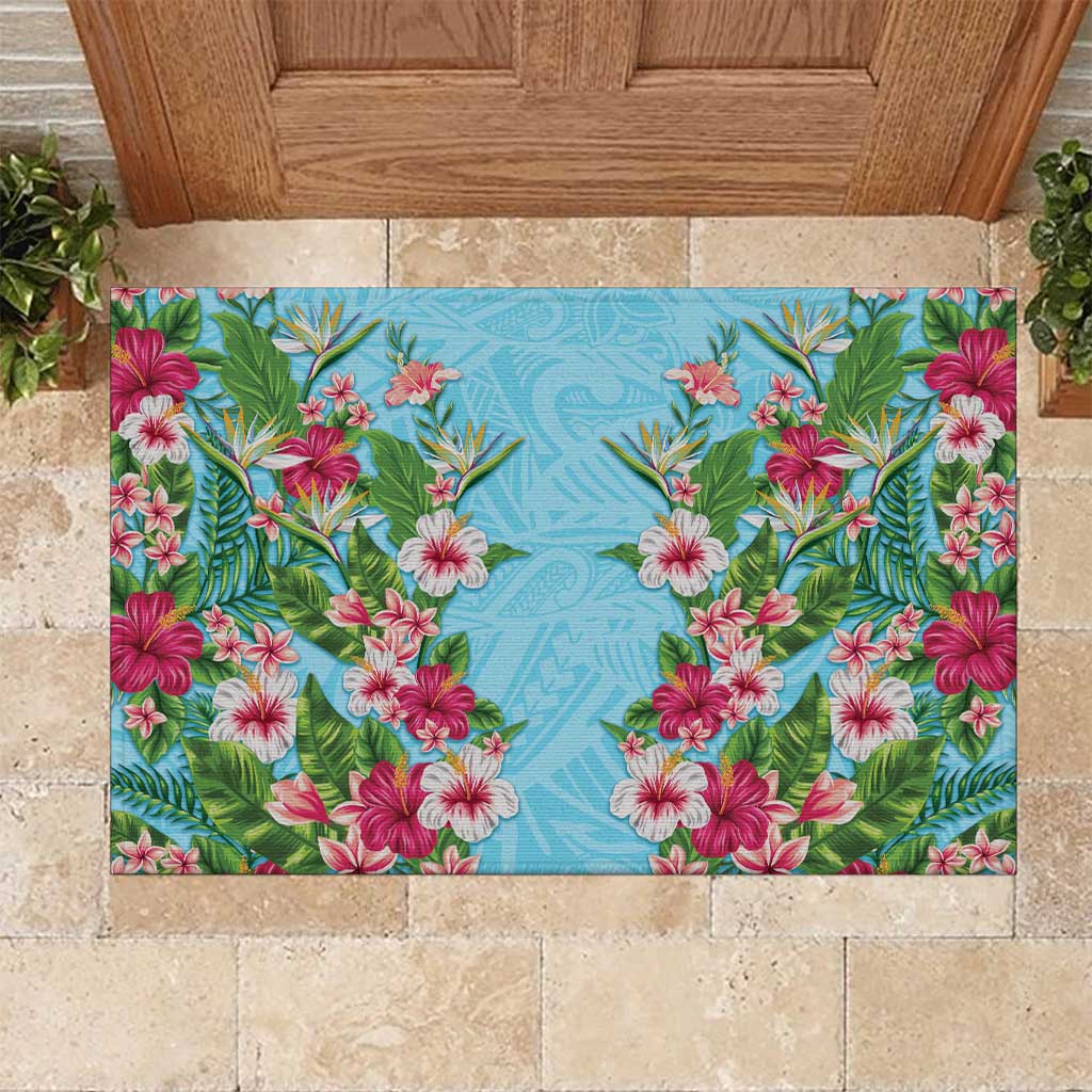 Hawaii Tropical Flowers Rubber Doormat Sky Blue Polynesian Tattoo Art