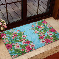 Hawaii Tropical Flowers Rubber Doormat Sky Blue Polynesian Tattoo Art