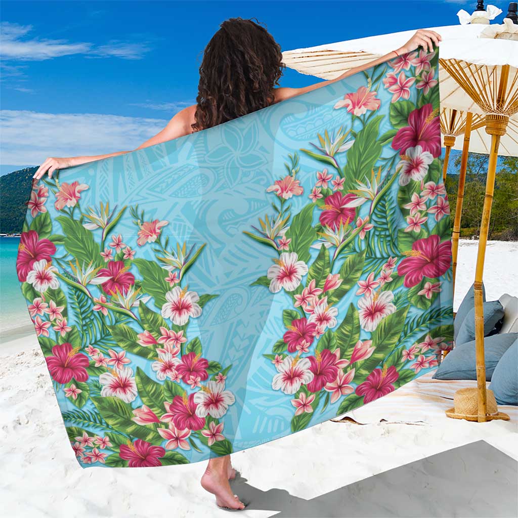 Hawaii Tropical Flowers Sarong Sky Blue Polynesian Tattoo Art