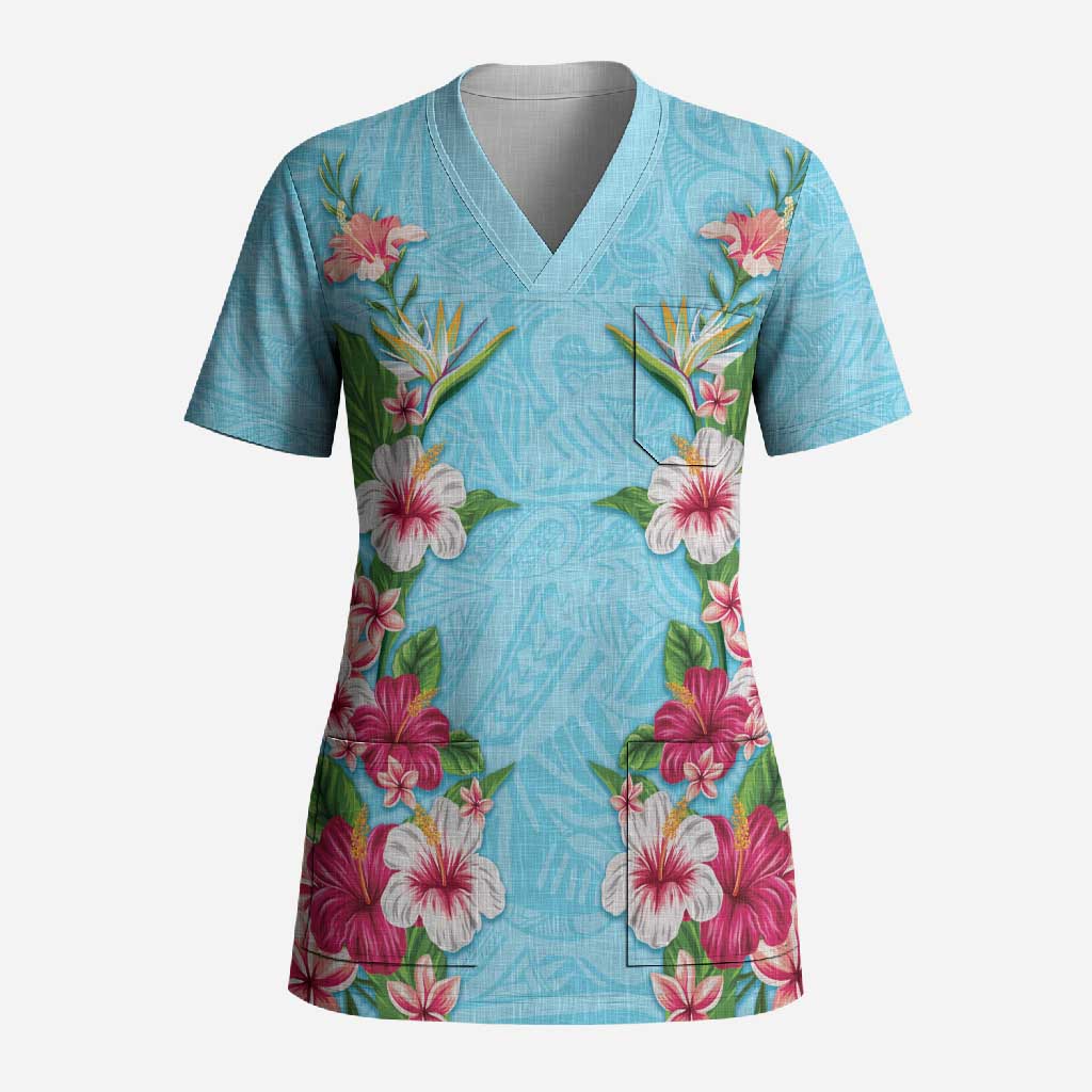 Hawaii Tropical Flowers Scrub Top Sky Blue Polynesian Tattoo Art