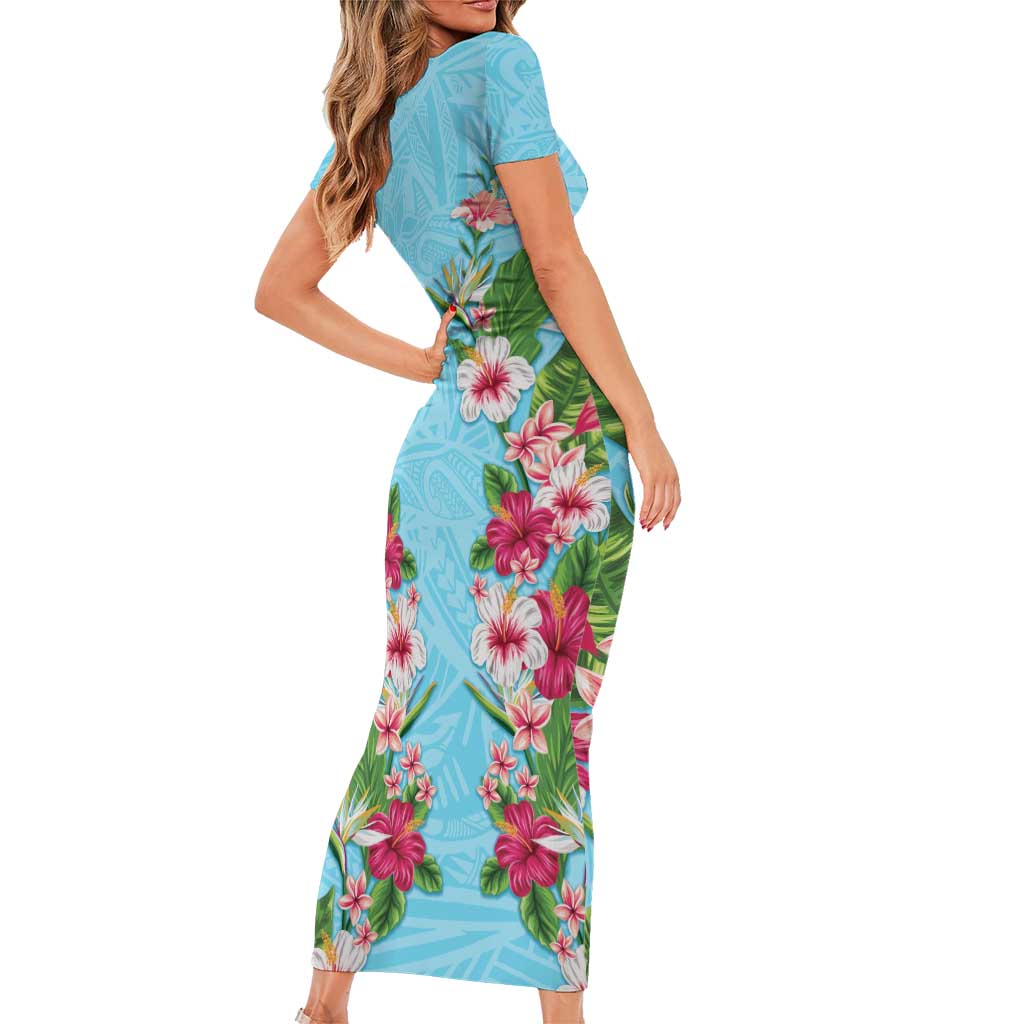 Hawaii Tropical Flowers Short Sleeve Bodycon Dress Sky Blue Polynesian Tattoo Art
